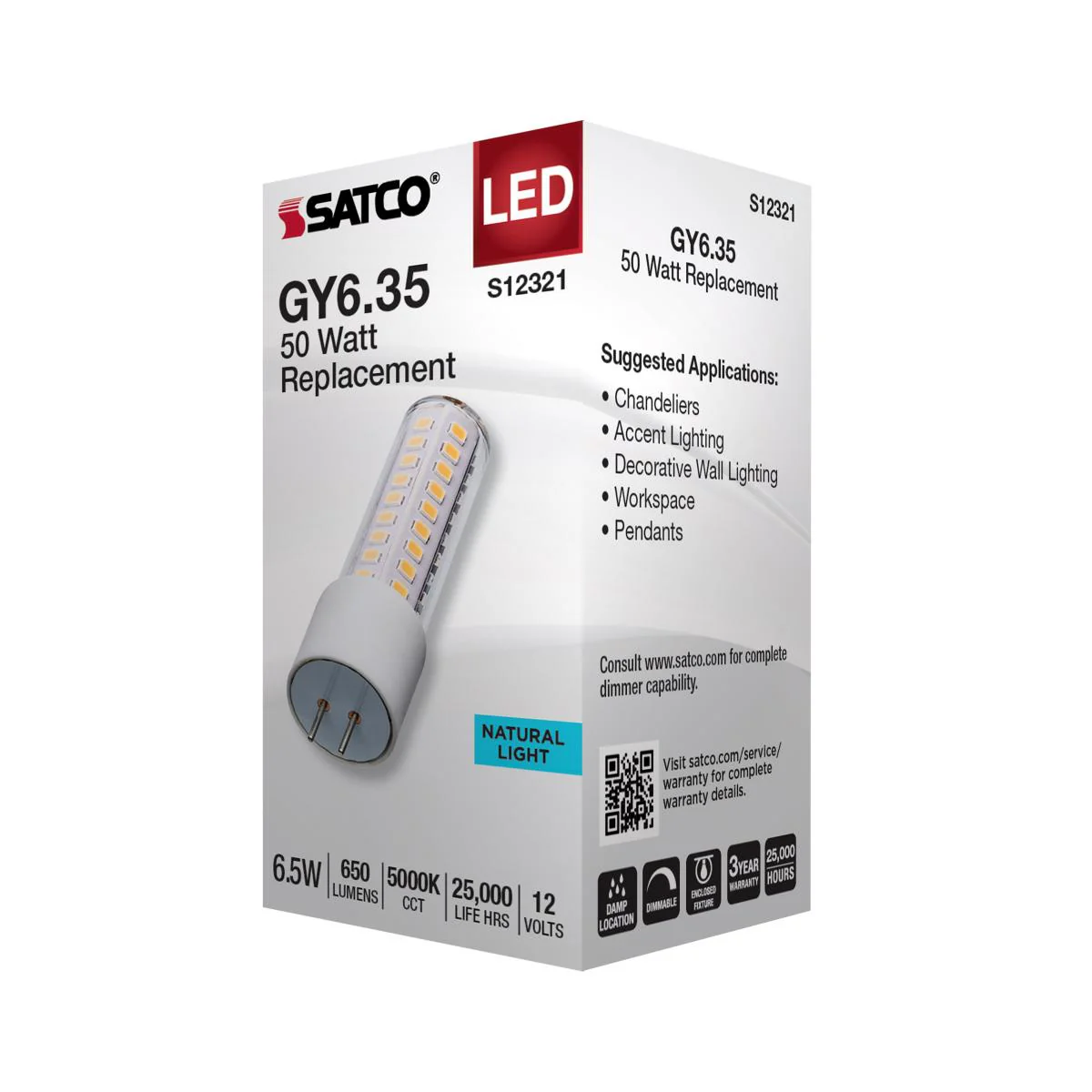 Satco 6.5w T6 LED 12v GY6.35 Base 5000K Clear Finish Bulb - Image 4