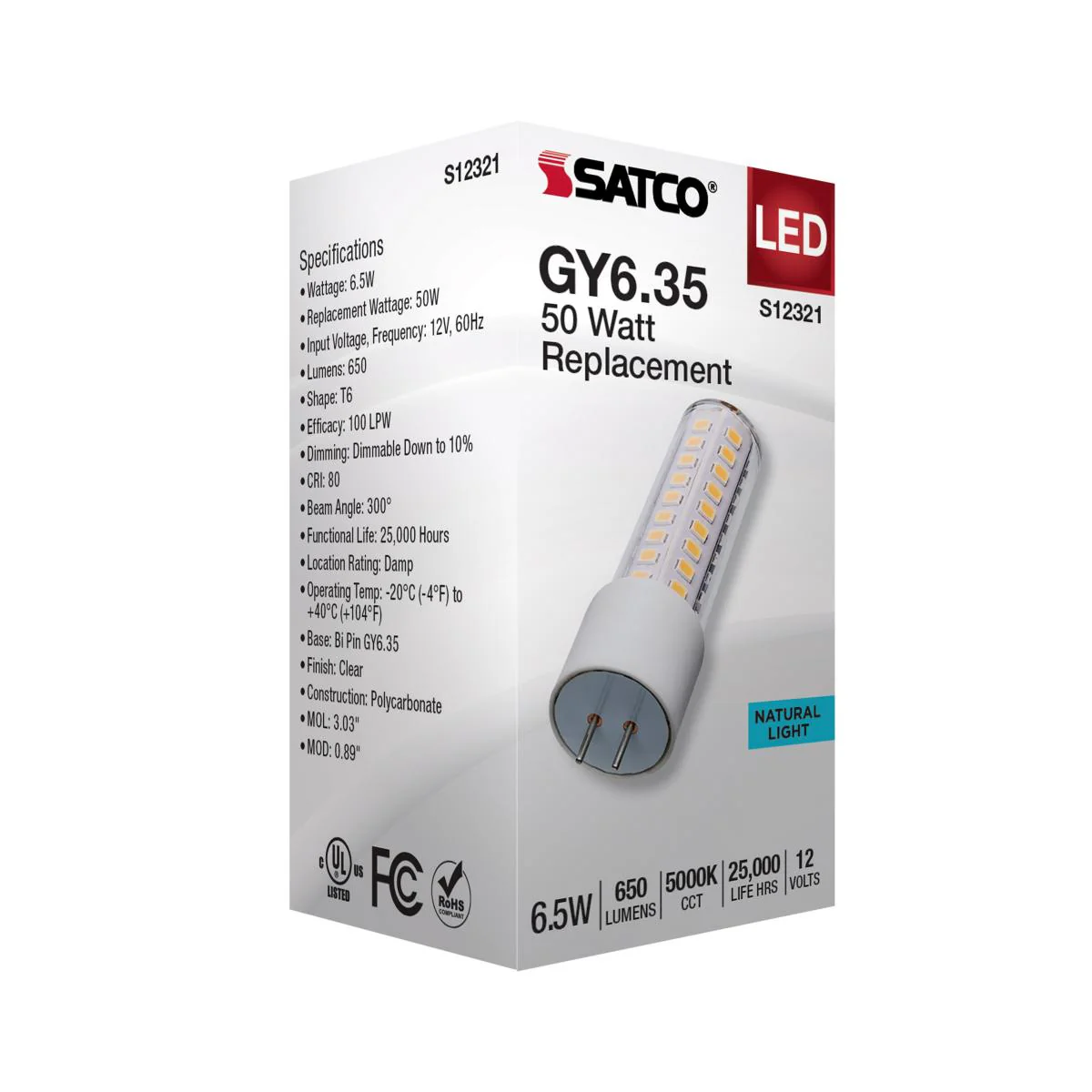 Satco 6.5w T6 LED 12v GY6.35 Base 5000K Clear Finish Bulb - Image 5