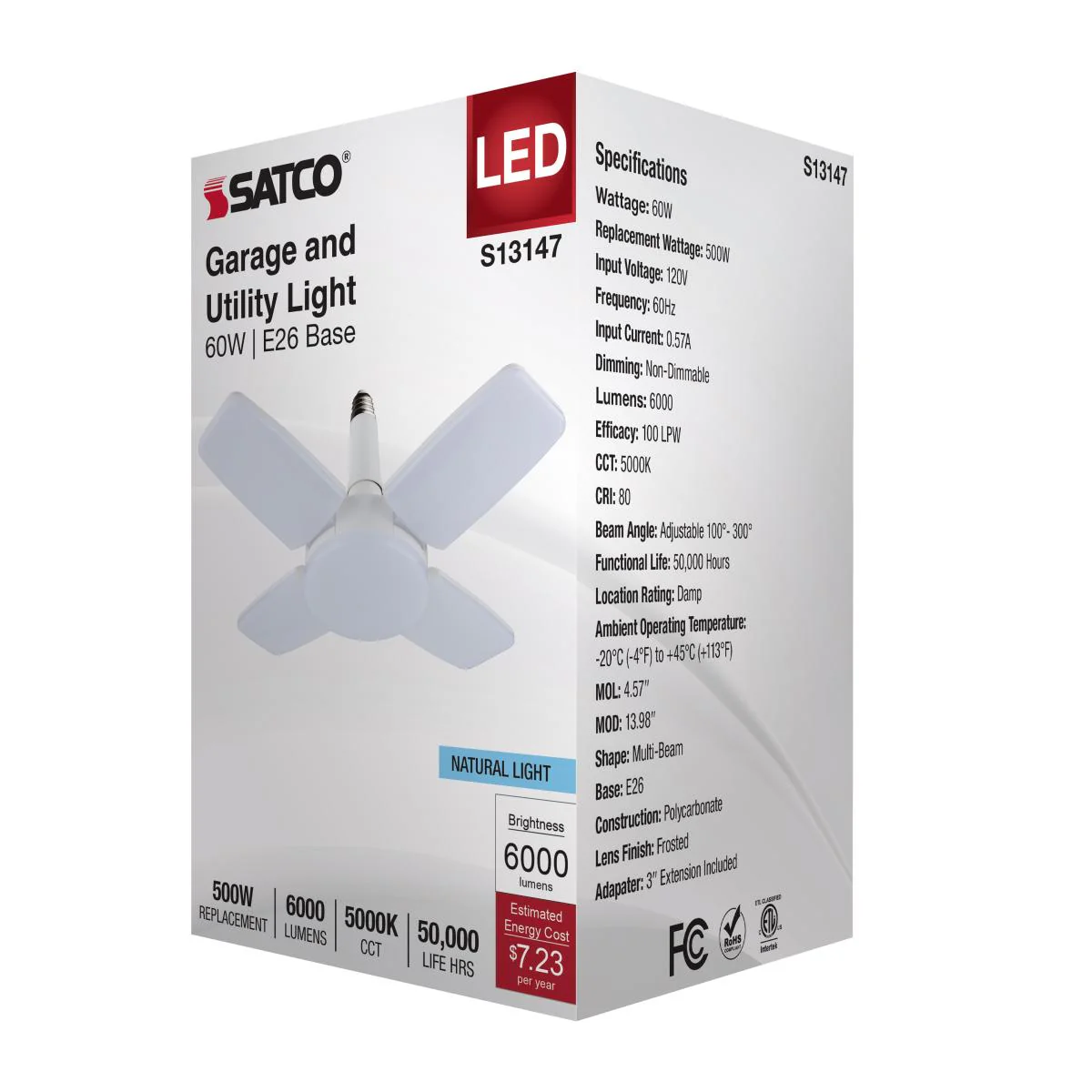 Satco 60w LED Multi-Beam Utility Garage Lamp 5000K White Finish 120v - Image 7
