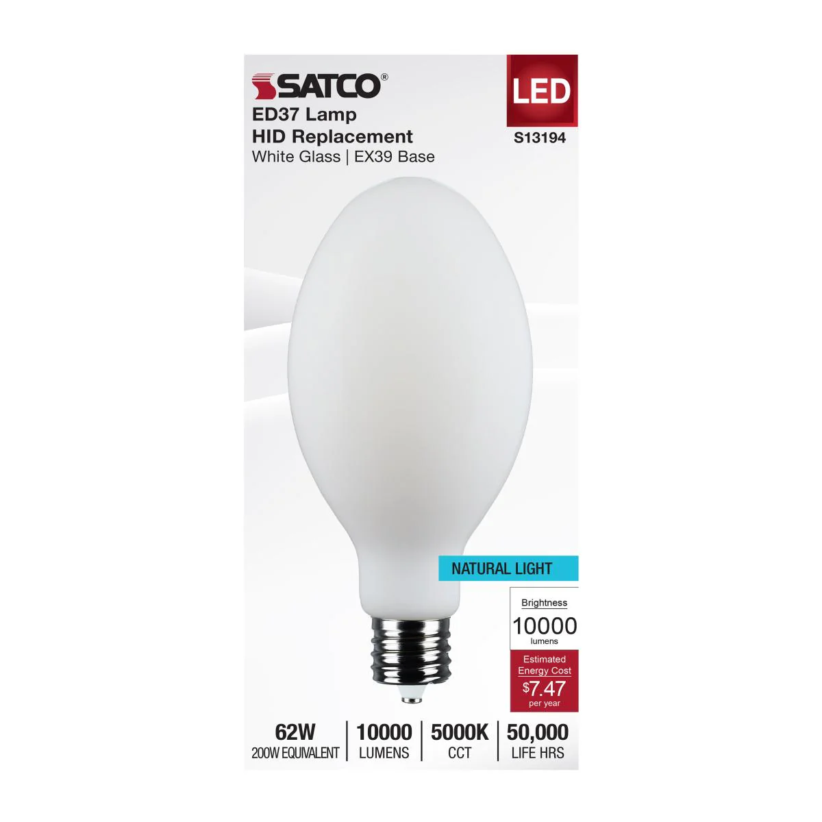 Satco 62w LED HID Replacement ED37 5000K EX39l Base 120-277v White Finish Bulb - Image 3