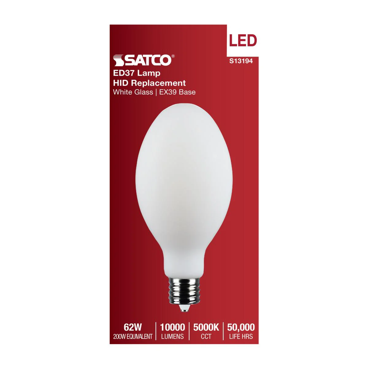 Satco 62w LED HID Replacement ED37 5000K EX39l Base 120-277v White Finish Bulb - Image 4