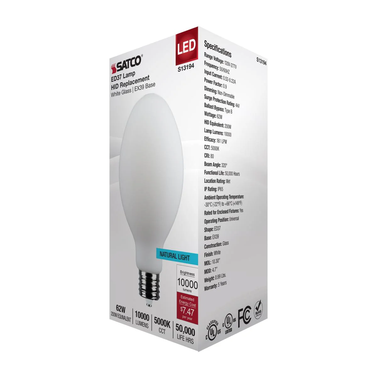Satco 62w LED HID Replacement ED37 5000K EX39l Base 120-277v White Finish Bulb - Image 5