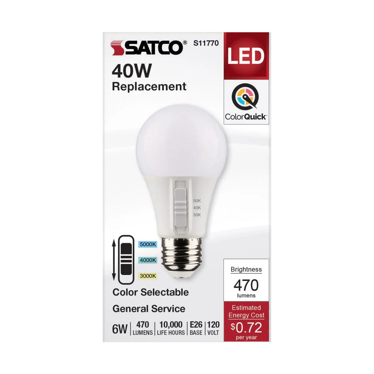 Satco 6w A19 LED 120v CCT Selectable 90 CRI White Finish Bulb - Image 4