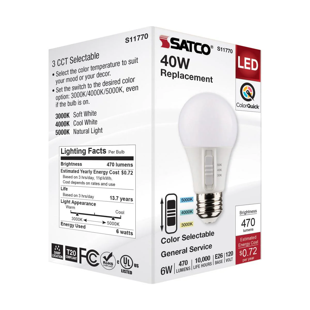 Satco 6w A19 LED 120v CCT Selectable 90 CRI White Finish Bulb - Image 7