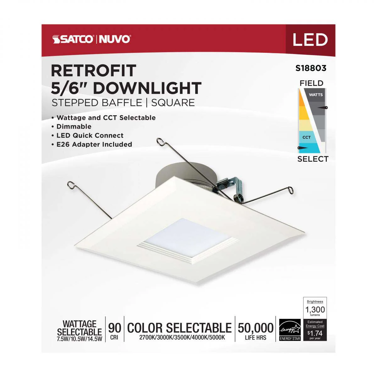 Satco 7-in LED Retrofit Downlight Square White Finish - Image 6