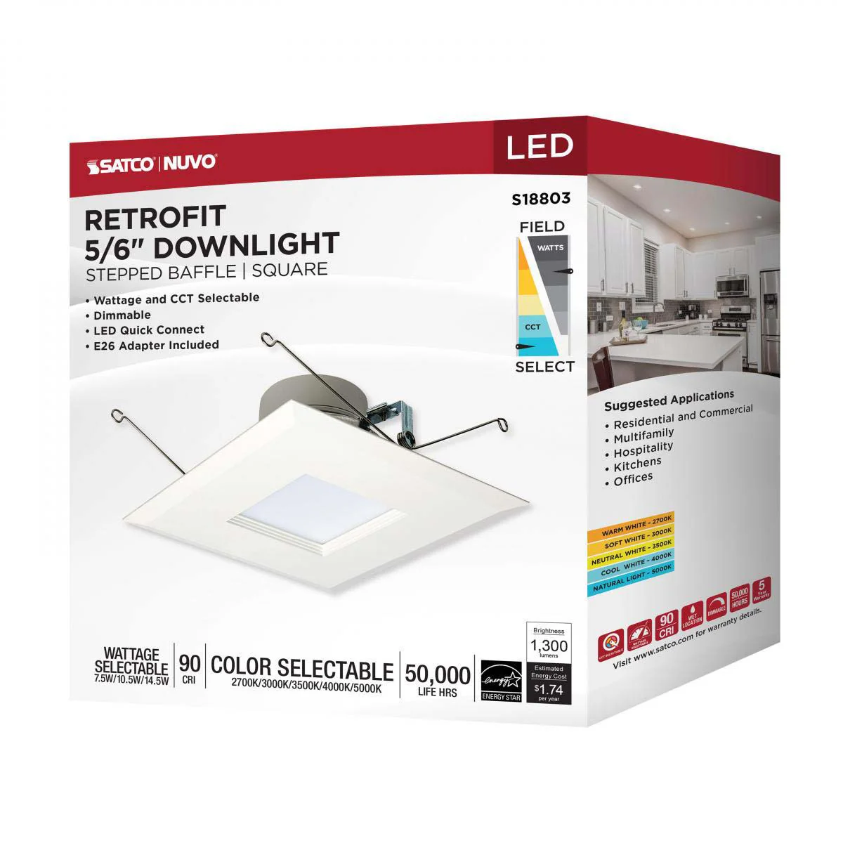 Satco 7-in LED Retrofit Downlight Square White Finish - Image 8