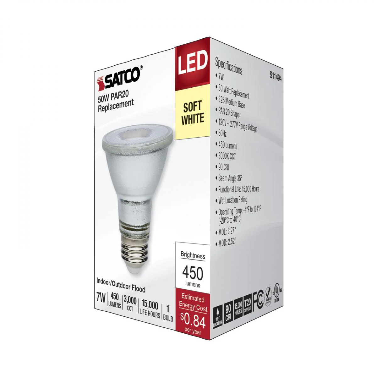 Satco 7w Econo LED PAR20 3000K 35deg 120-277v Silver Finish Bulb - Image 5