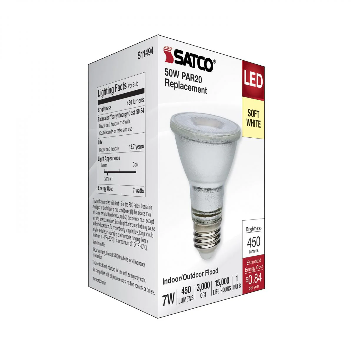 Satco 7w Econo LED PAR20 3000K 35deg 120-277v Silver Finish Bulb - Image 6