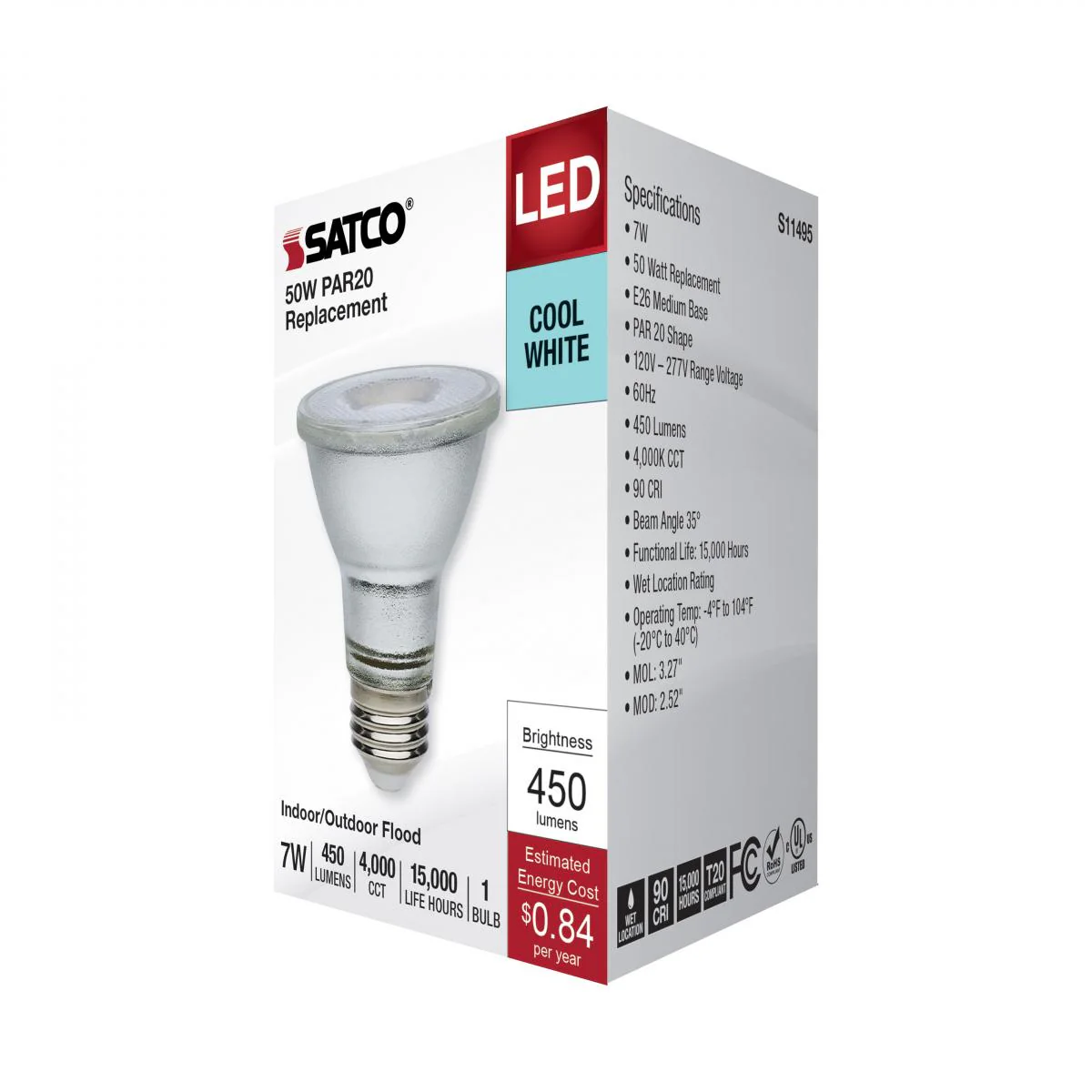 Satco 7w Econo LED PAR20 4000K 35deg 120-277v Silver Finish Bulb - Image 5