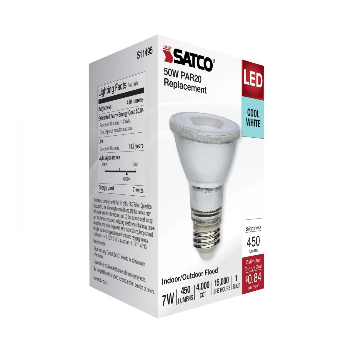 Satco 7w Econo LED PAR20 4000K 35deg 120-277v Silver Finish Bulb - Image 6
