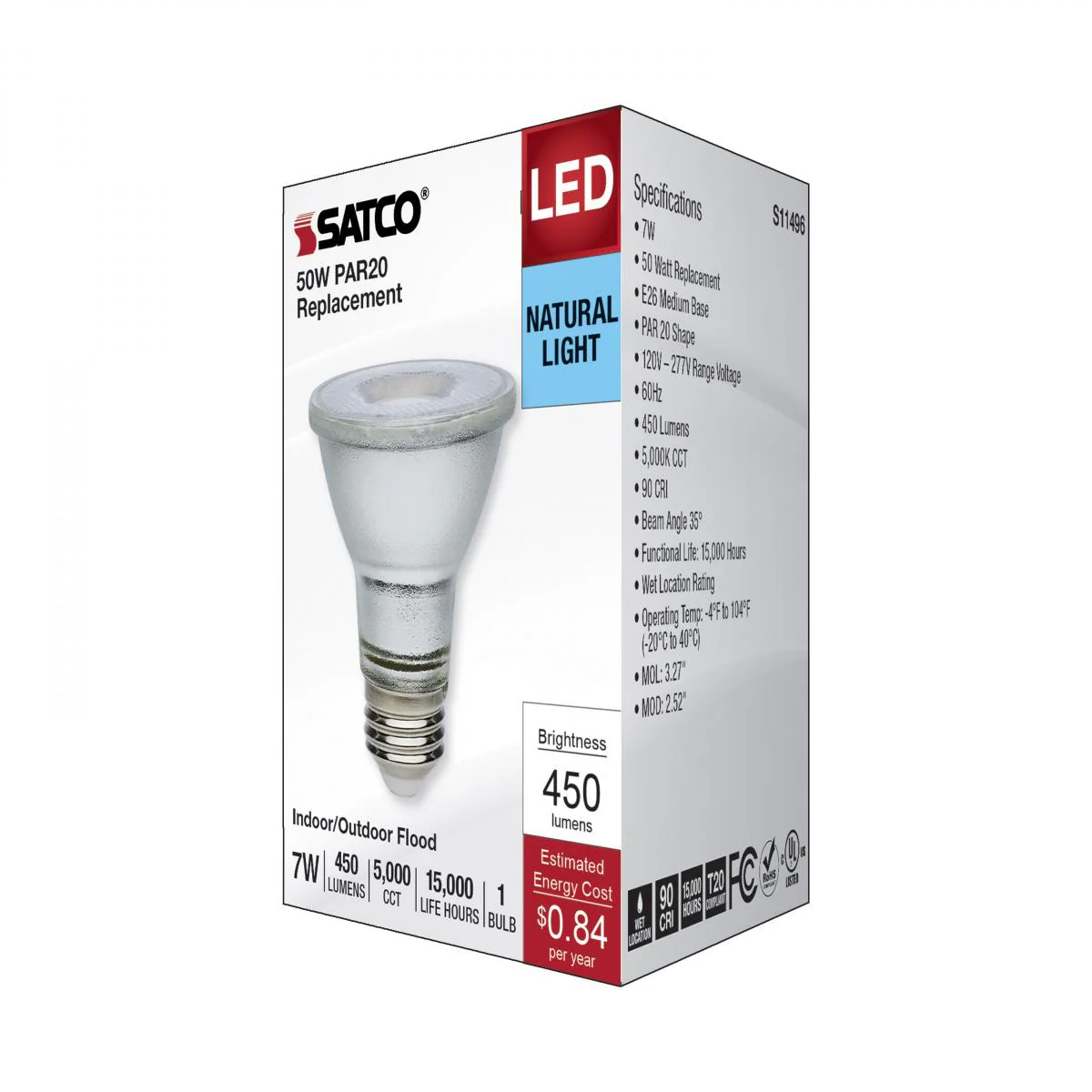 Satco 7w Econo LED PAR20 5000K 35deg 120-277v Silver Finish Bulb - Image 5