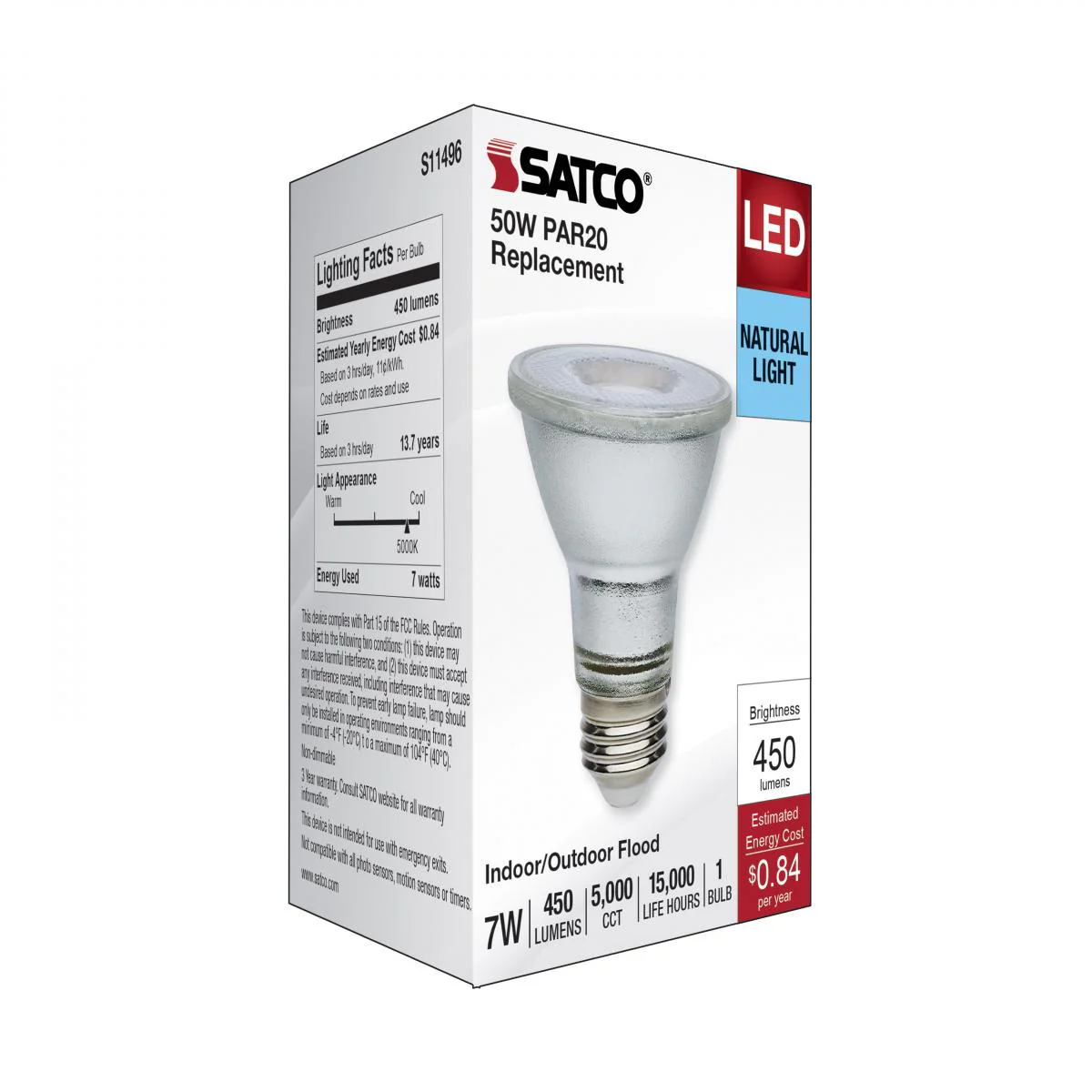 Satco 7w Econo LED PAR20 5000K 35deg 120-277v Silver Finish Bulb - Image 6