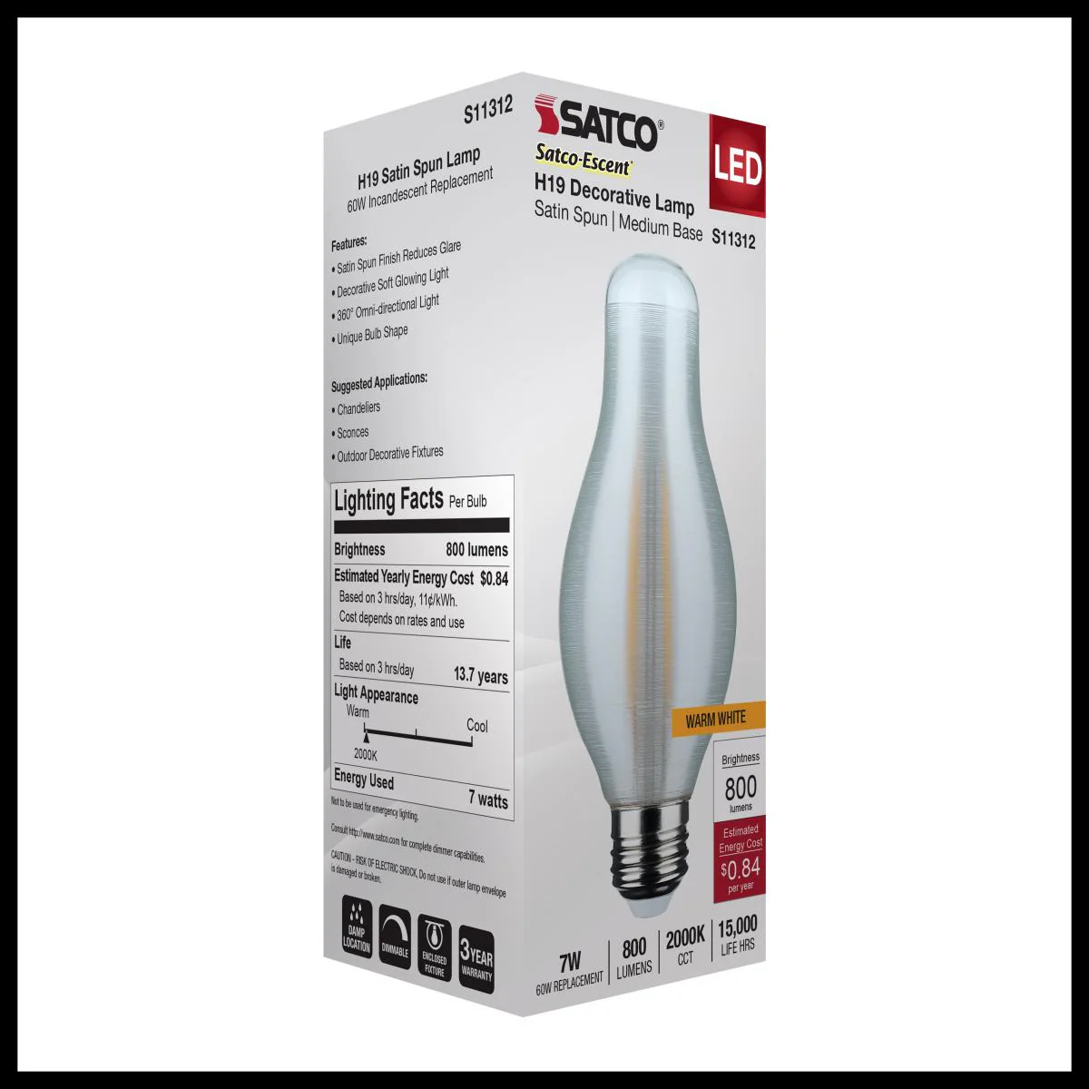 Satco 7w H19 LED 2000K Warm White CCT E26 Medium Base Satin Spun Finish 120v - Image 6