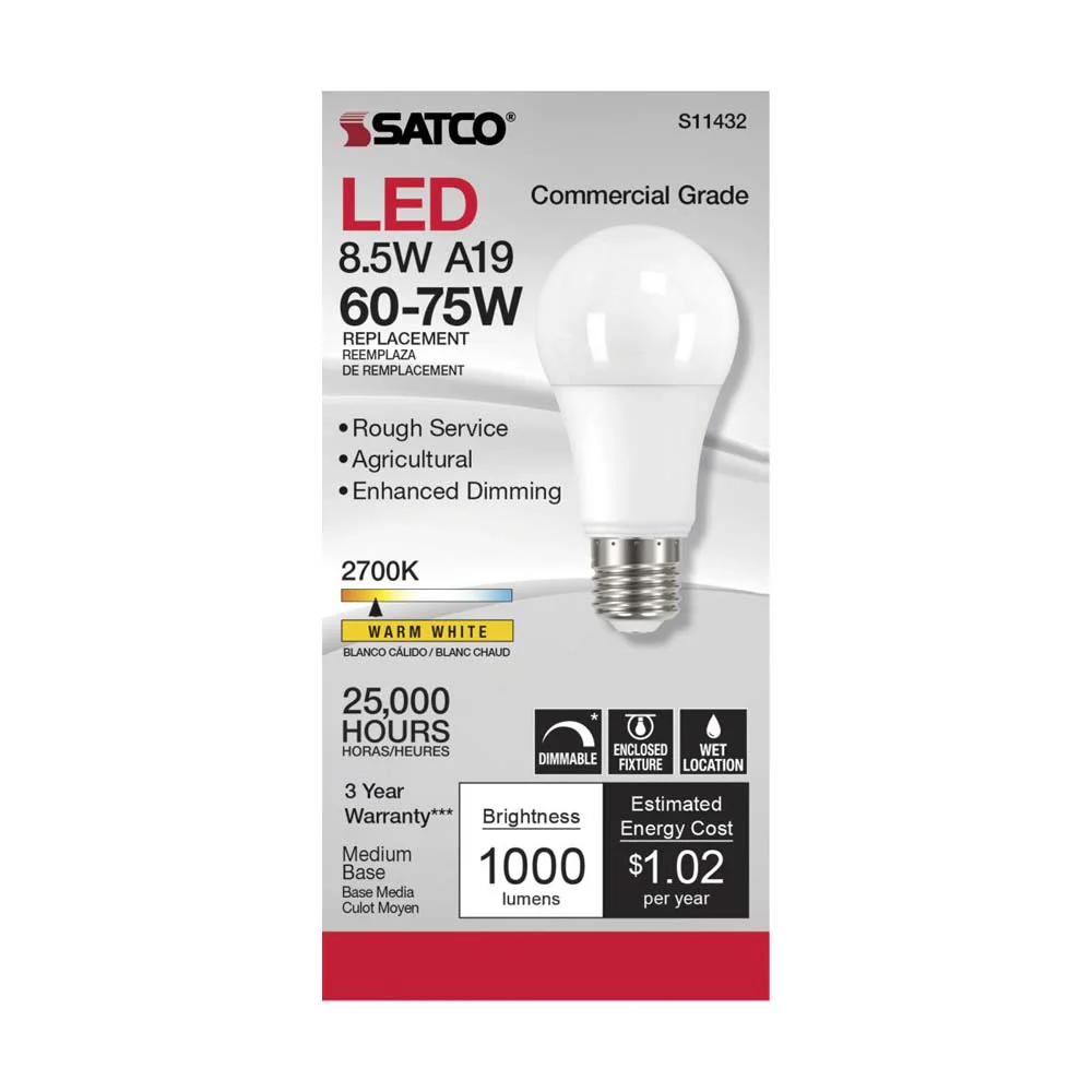Satco 8.5w A19 LED Commercial Grade Agriculture Bulb 2700K 120v - 75w-equiv - Image 2