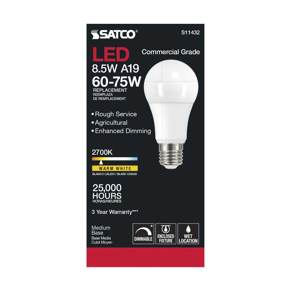 Satco 8.5w A19 LED Commercial Grade Agriculture Bulb 2700K 120v - 75w-equiv - Image 3