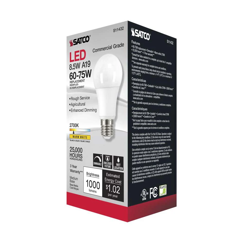 Satco 8.5w A19 LED Commercial Grade Agriculture Bulb 2700K 120v - 75w-equiv - Image 5