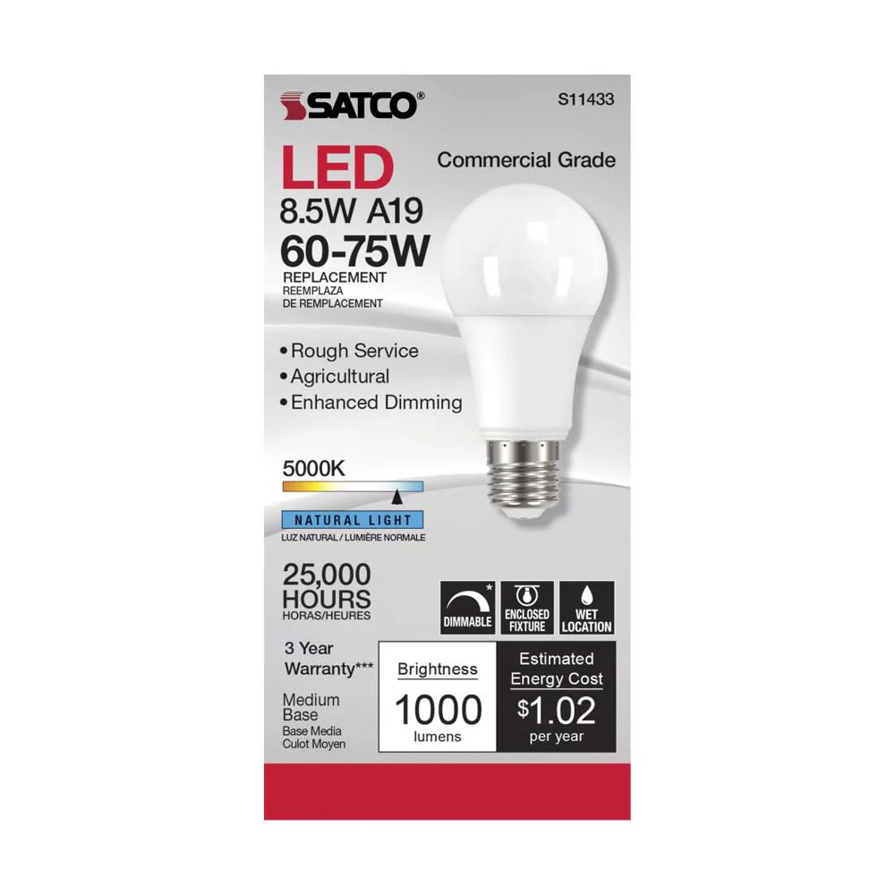 Satco 8.5w A19 LED Commercial Grade Agriculture Bulb 5000K 120v - 75w-equiv - Image 2
