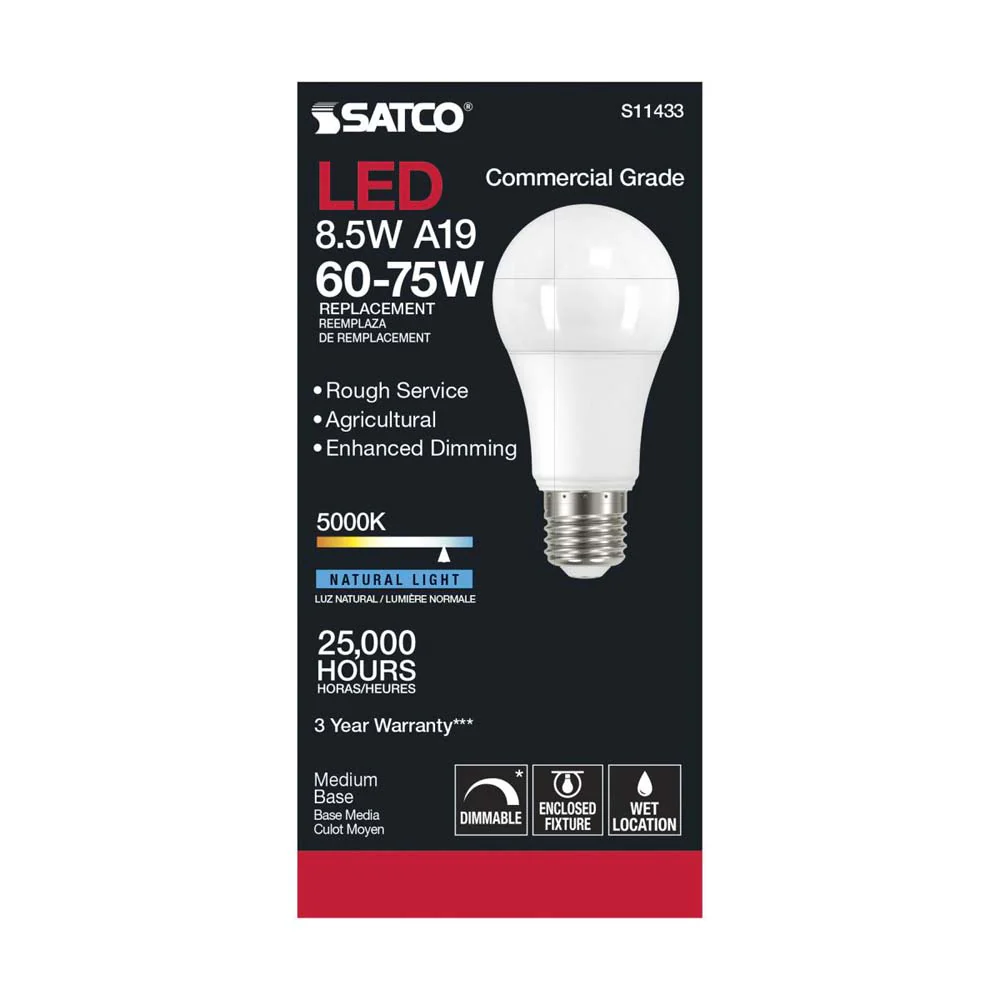 Satco 8.5w A19 LED Commercial Grade Agriculture Bulb 5000K 120v - 75w-equiv - Image 3