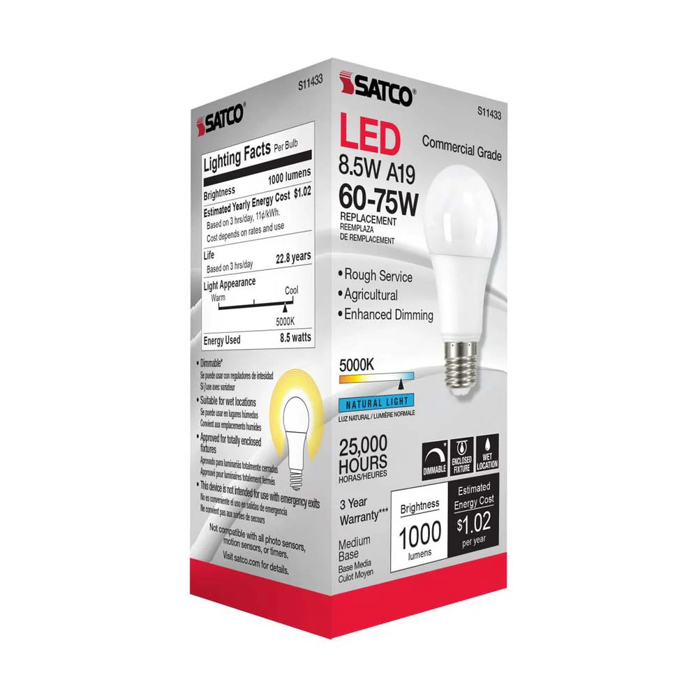 Satco 8.5w A19 LED Commercial Grade Agriculture Bulb 5000K 120v - 75w-equiv - Image 4