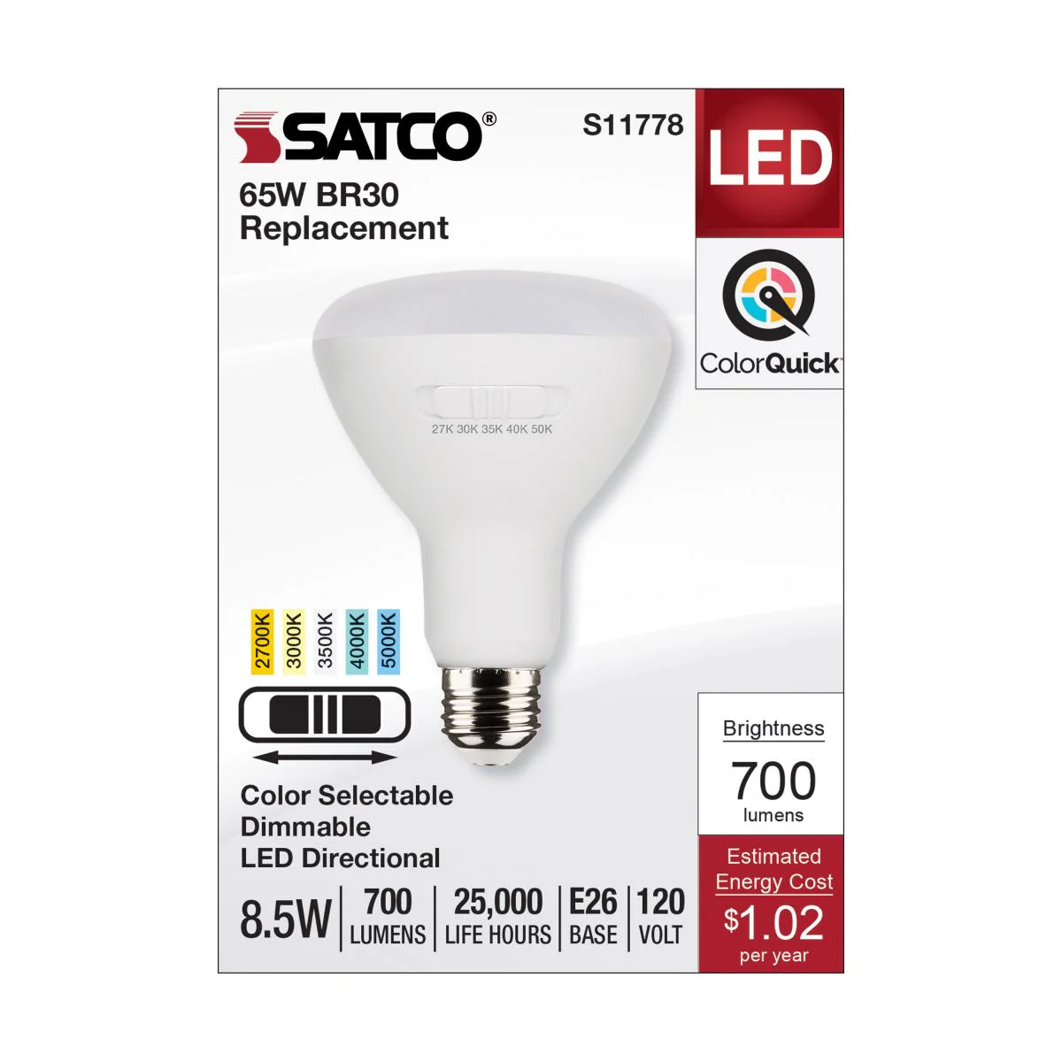 Satco 8.5w BR30 LED 120v CCT Selectable 90 CRI White Finish Bulb - Image 3
