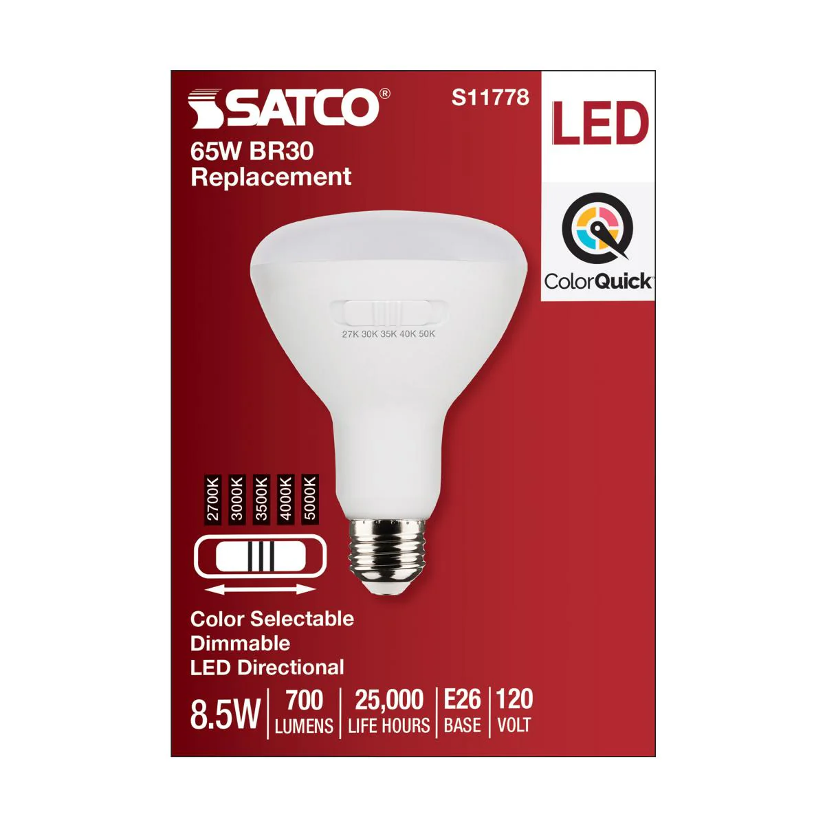 Satco 8.5w BR30 LED 120v CCT Selectable 90 CRI White Finish Bulb - Image 4