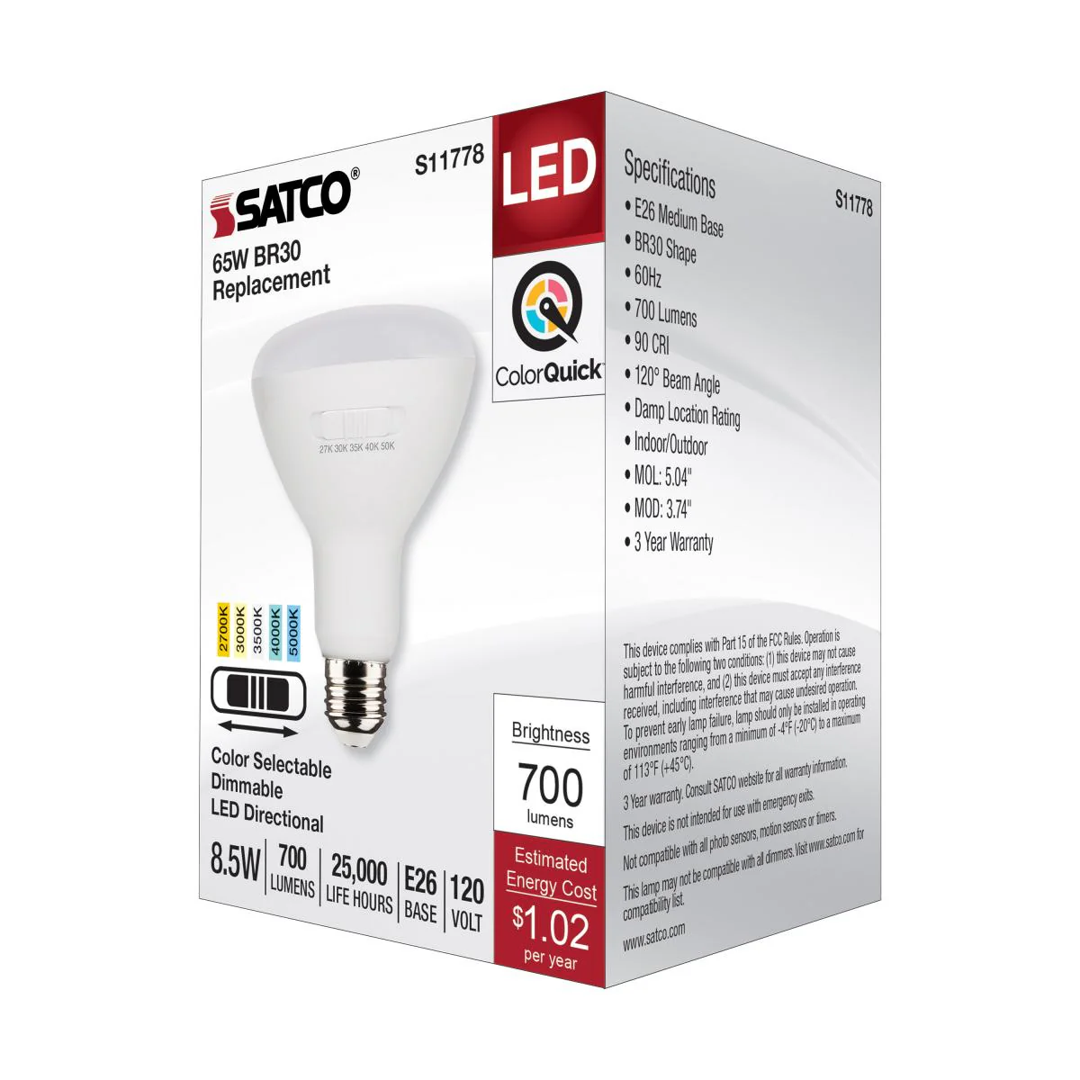 Satco 8.5w BR30 LED 120v CCT Selectable 90 CRI White Finish Bulb - Image 5
