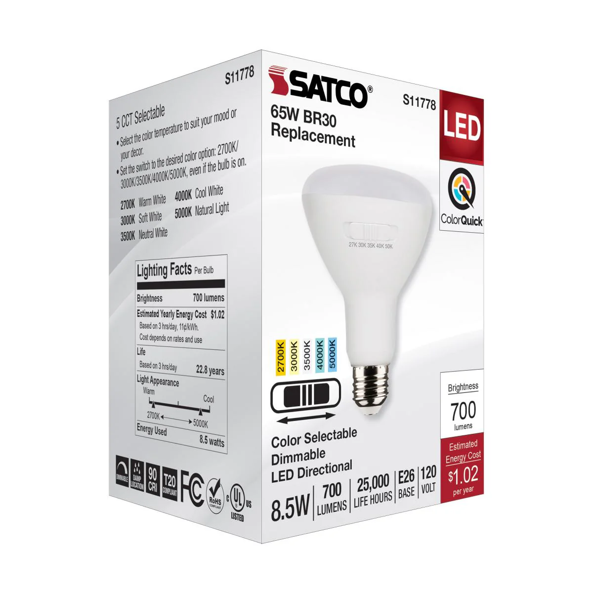 Satco 8.5w BR30 LED 120v CCT Selectable 90 CRI White Finish Bulb - Image 6