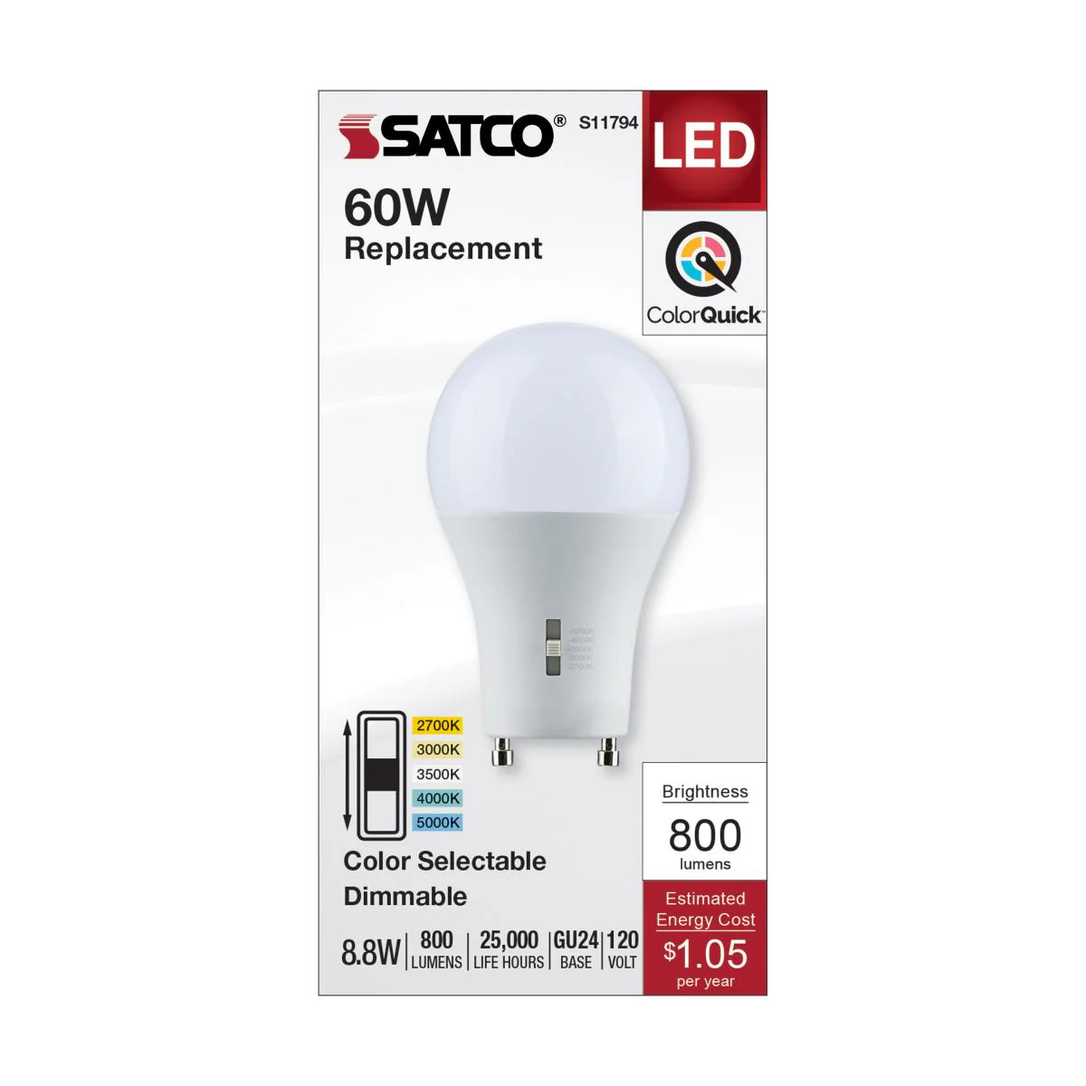 Satco 8.8w A19 LED Bi Pin GU24 Base 120v CCT Selectable White Finish Bulb - Image 4