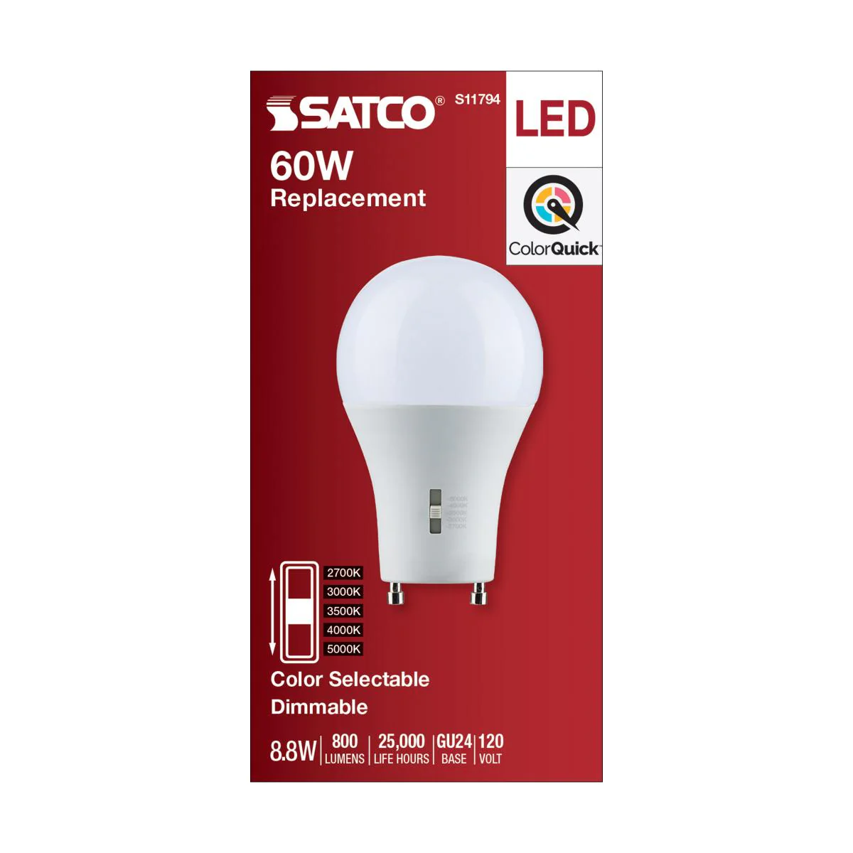 Satco 8.8w A19 LED Bi Pin GU24 Base 120v CCT Selectable White Finish Bulb - Image 5