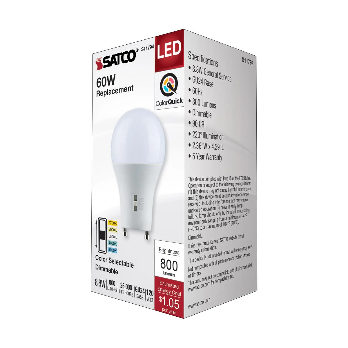 Satco 8.8w A19 LED Bi Pin GU24 Base 120v CCT Selectable White Finish Bulb - Image 6