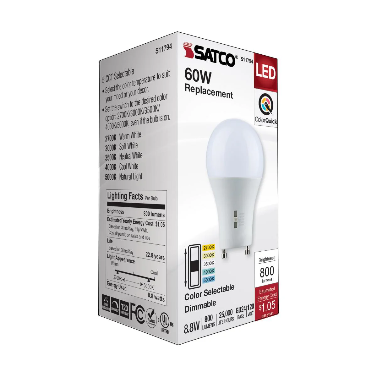 Satco 8.8w A19 LED Bi Pin GU24 Base 120v CCT Selectable White Finish Bulb - Image 7