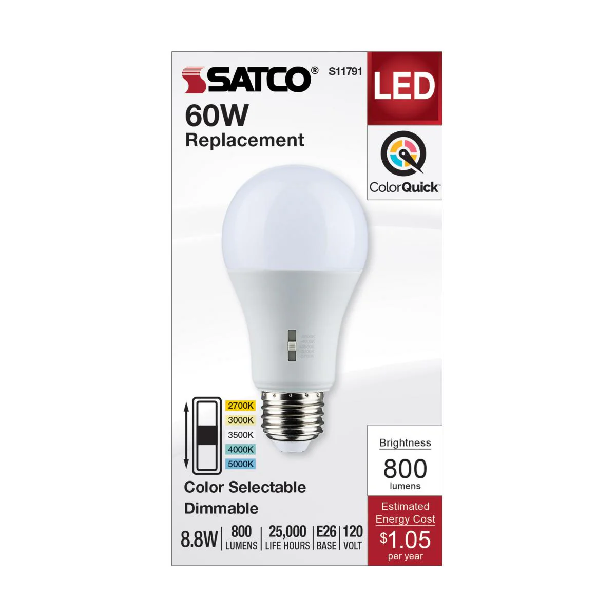 Satco 8.8w A19 LED Medium Base 120v CCT Selectable White Finish Bulb - Image 4