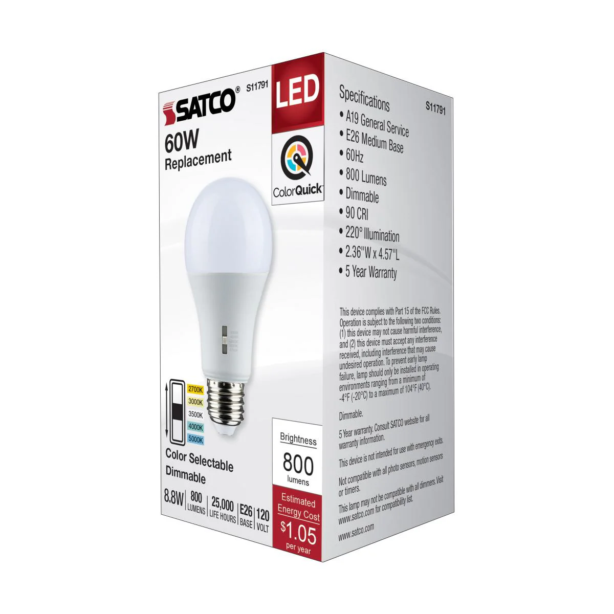 Satco 8.8w A19 LED Medium Base 120v CCT Selectable White Finish Bulb - Image 6
