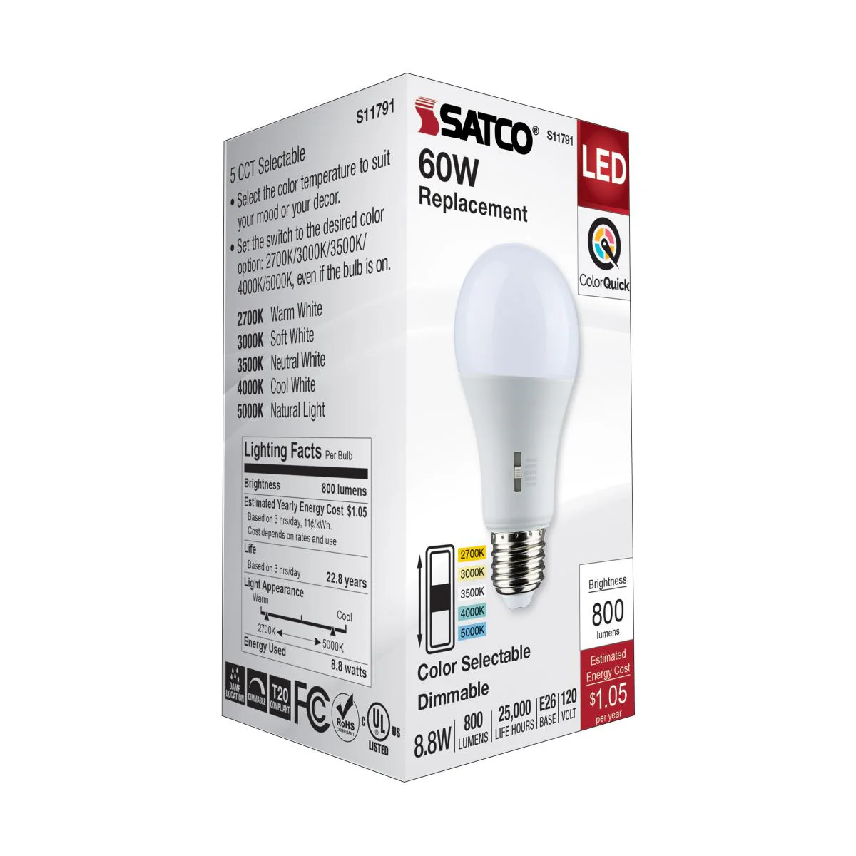 Satco 8.8w A19 LED Medium Base 120v CCT Selectable White Finish Bulb - Image 7