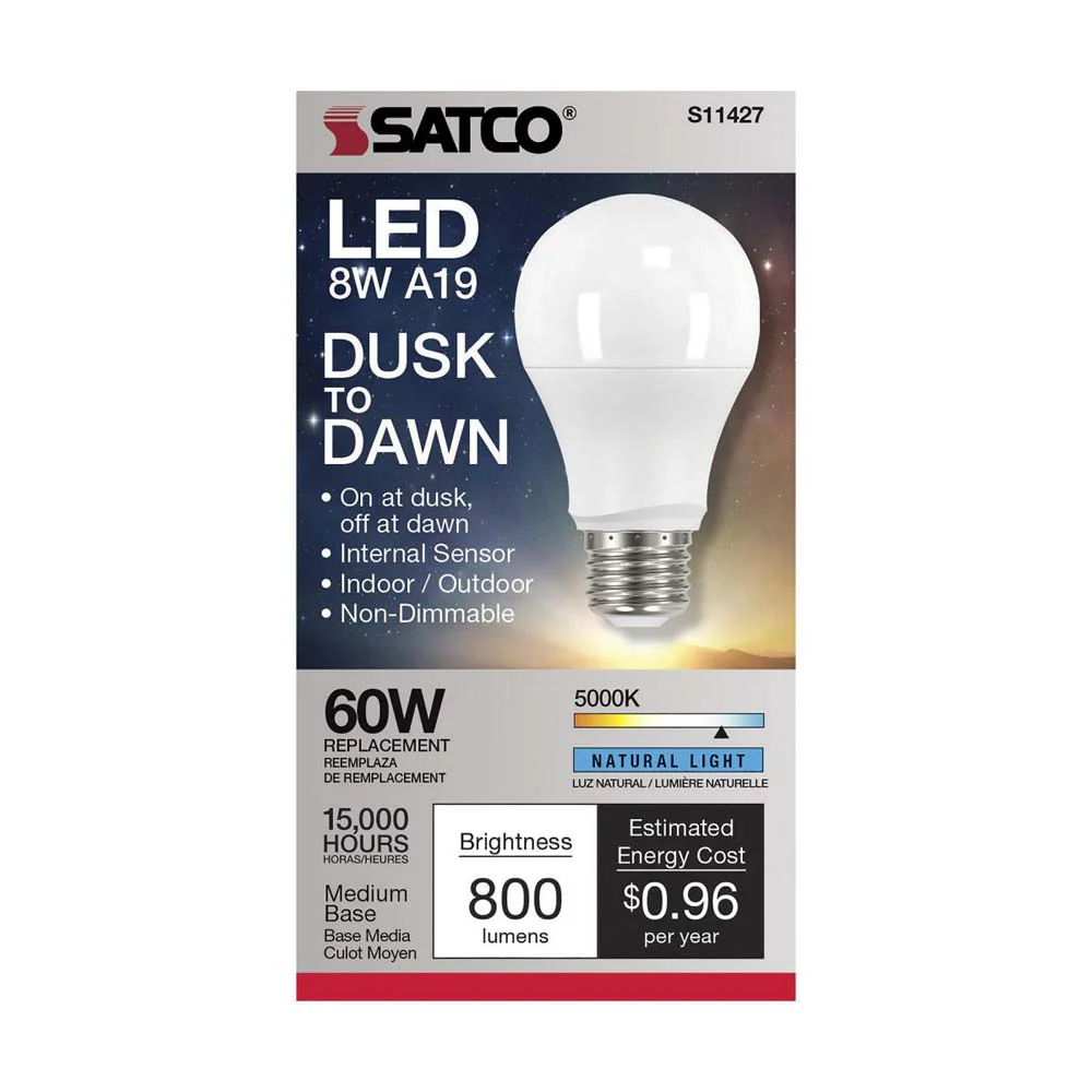 Satco 8w A19 LED Dusk to Dawn With PhotoCell 5000K Medium base 120v - 60w-equiv - Image 2