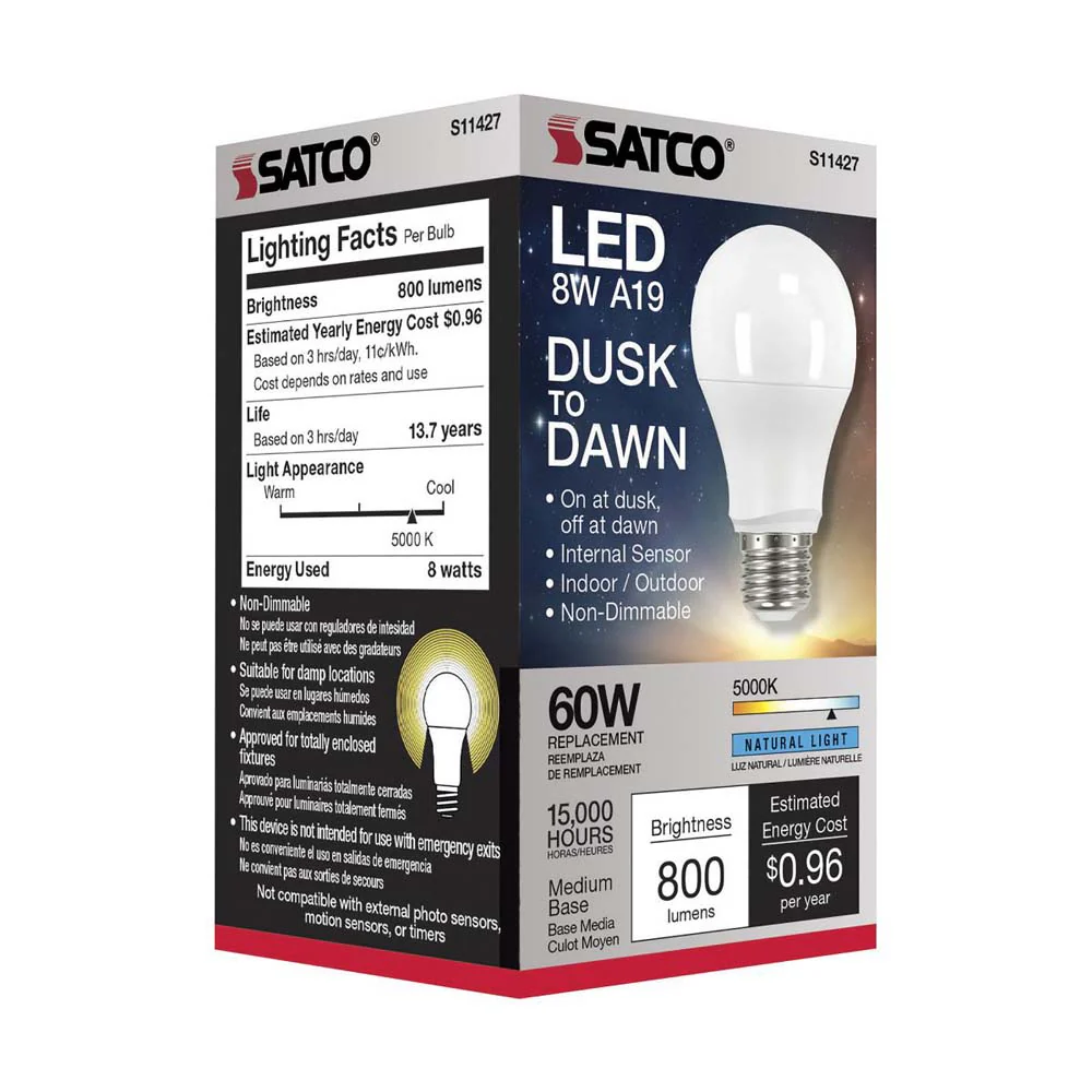 Satco 8w A19 LED Dusk to Dawn With PhotoCell 5000K Medium base 120v - 60w-equiv - Image 4