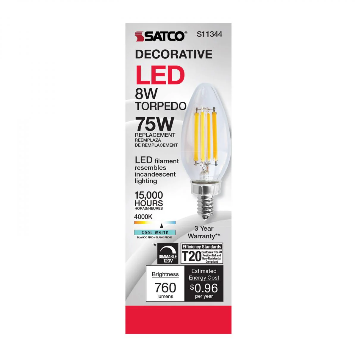 Satco 8w C11 LED 760Lm 4000K 120v Clear Finish Candelabra Base Bulb - Image 3