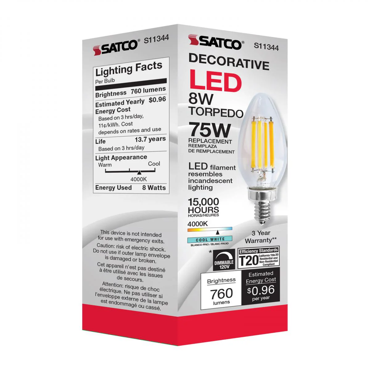 Satco 8w C11 LED 760Lm 4000K 120v Clear Finish Candelabra Base Bulb - Image 5