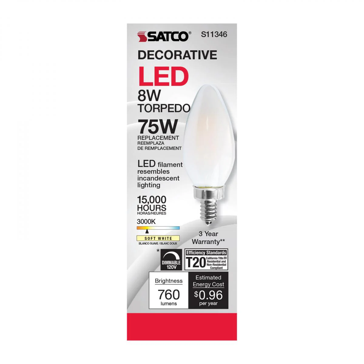 Satco 8w C11 LED 800Lm 3000K 120v Frosted Finish Candelabra Base Bulb - Image 4