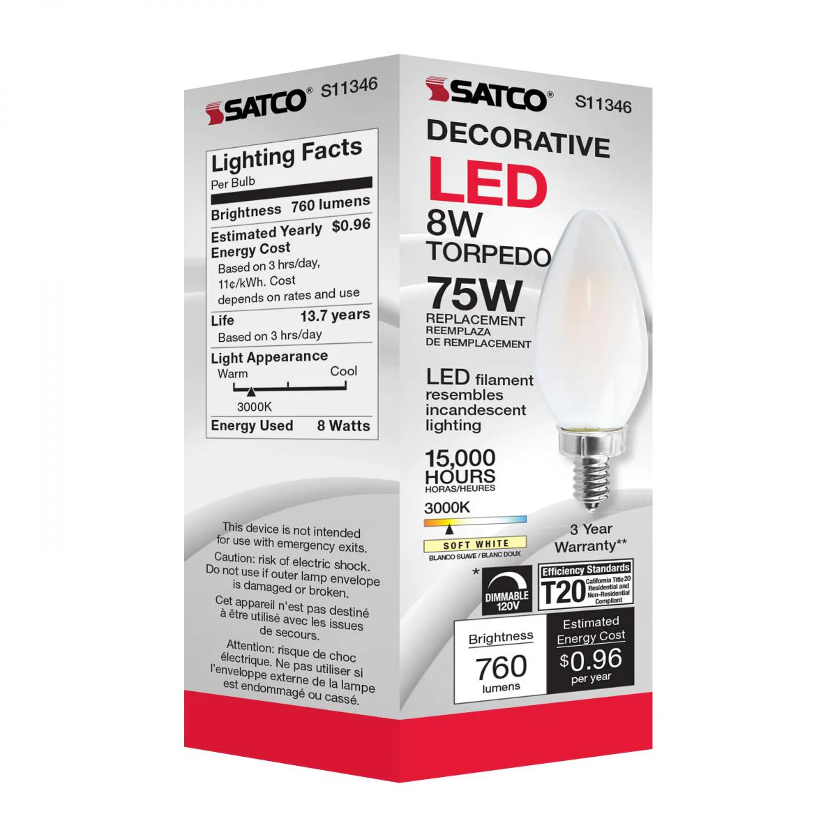 Satco 8w C11 LED 800Lm 3000K 120v Frosted Finish Candelabra Base Bulb - Image 5
