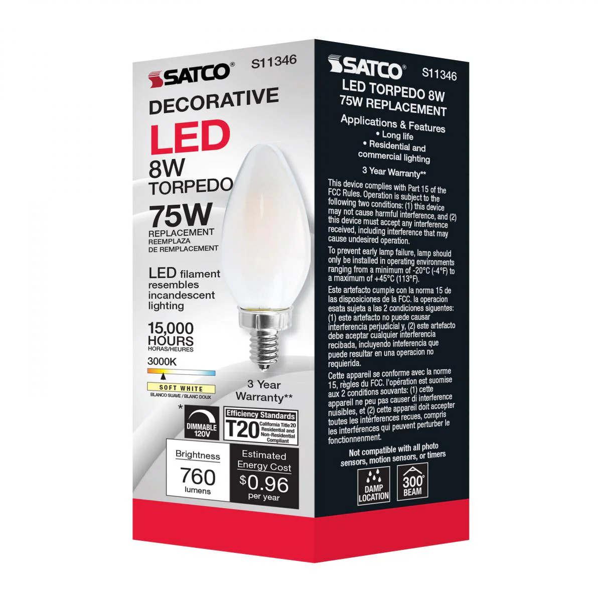 Satco 8w C11 LED 800Lm 3000K 120v Frosted Finish Candelabra Base Bulb - Image 6