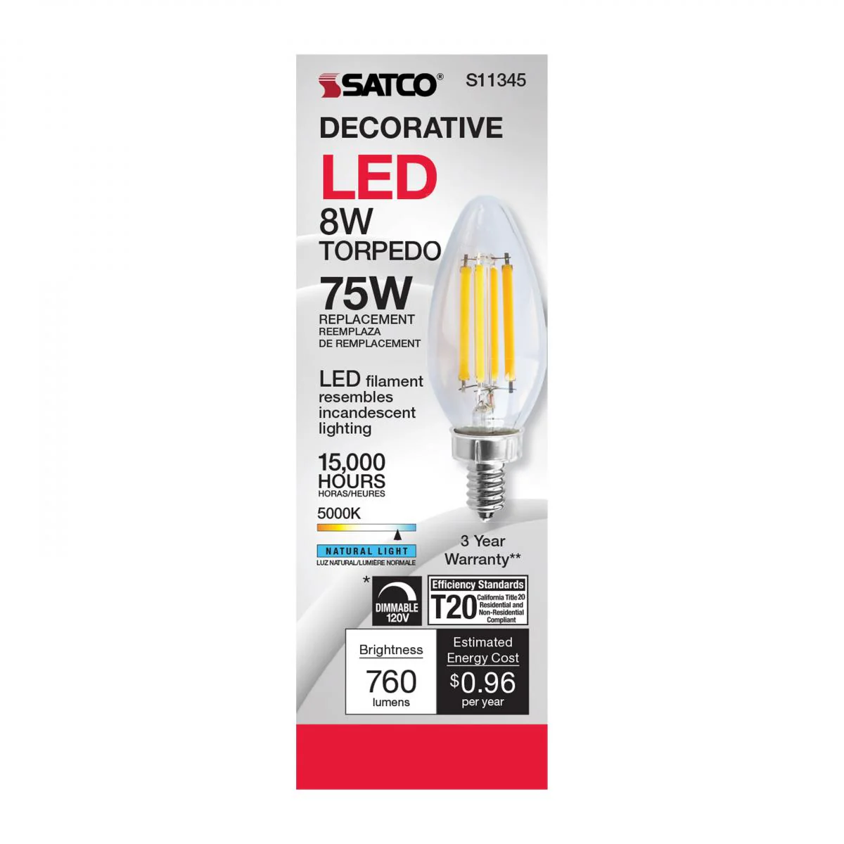 Satco 8w C11 LED 800Lm 5000K 120v Clear Finish Candelabra Base Bulb - Image 3