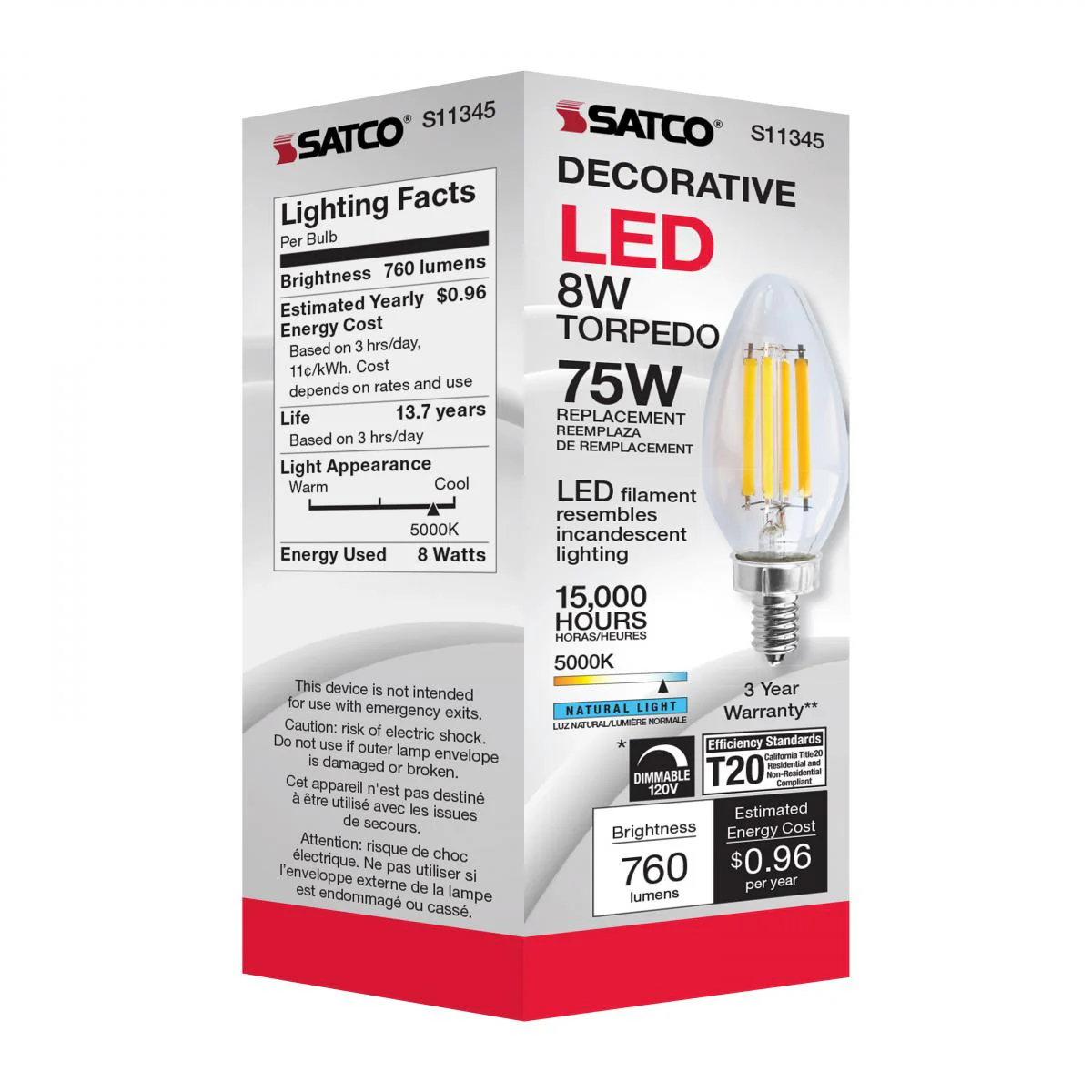 Satco 8w C11 LED 800Lm 5000K 120v Clear Finish Candelabra Base Bulb - Image 5