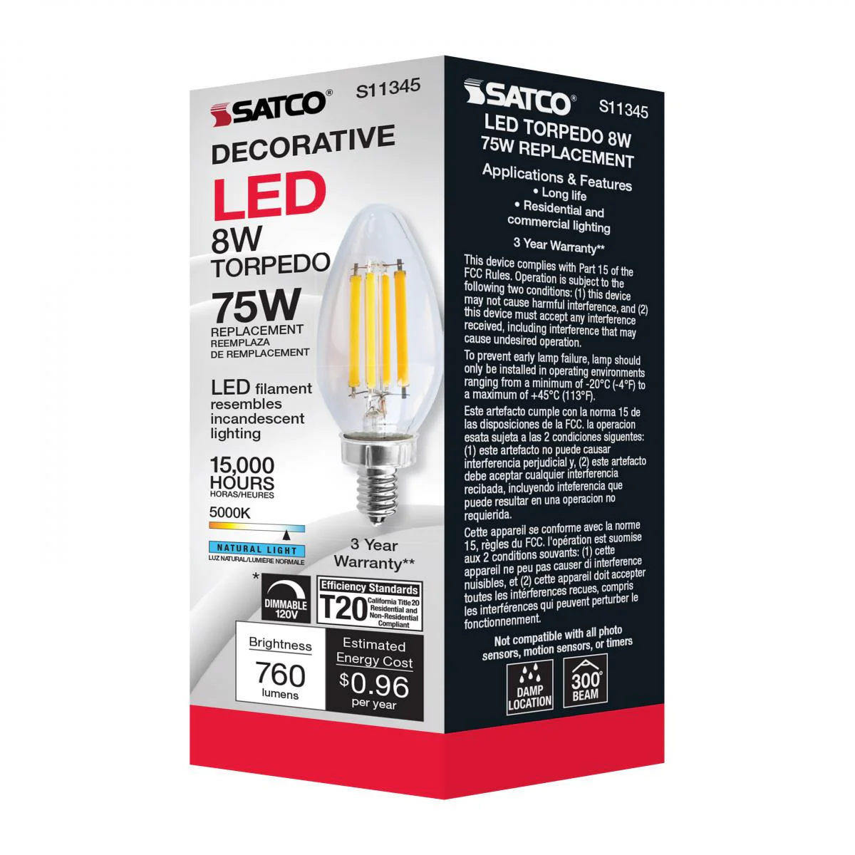 Satco 8w C11 LED 800Lm 5000K 120v Clear Finish Candelabra Base Bulb - Image 6