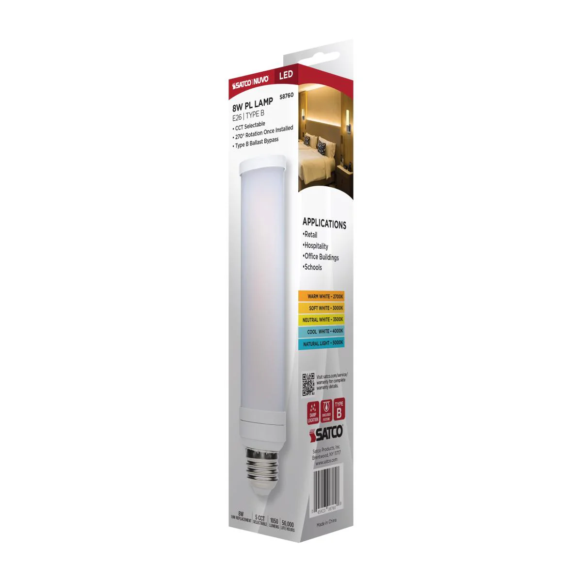 Satco 8w LED PL E26 Medium Base CCT Tunable 120-277v Frosted Bulb -18w equiv - Image 5