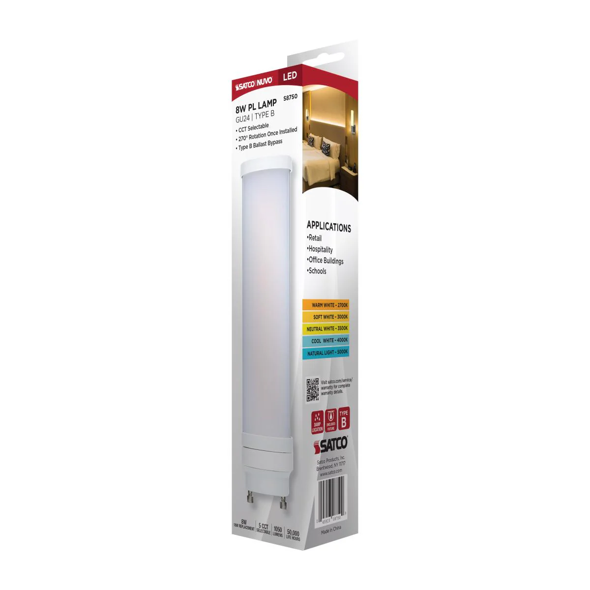 Satco 8w LED PL GU24 Bi Pin Base CCT Tunable 120-277v Frosted Bulb -18w equiv - Image 6