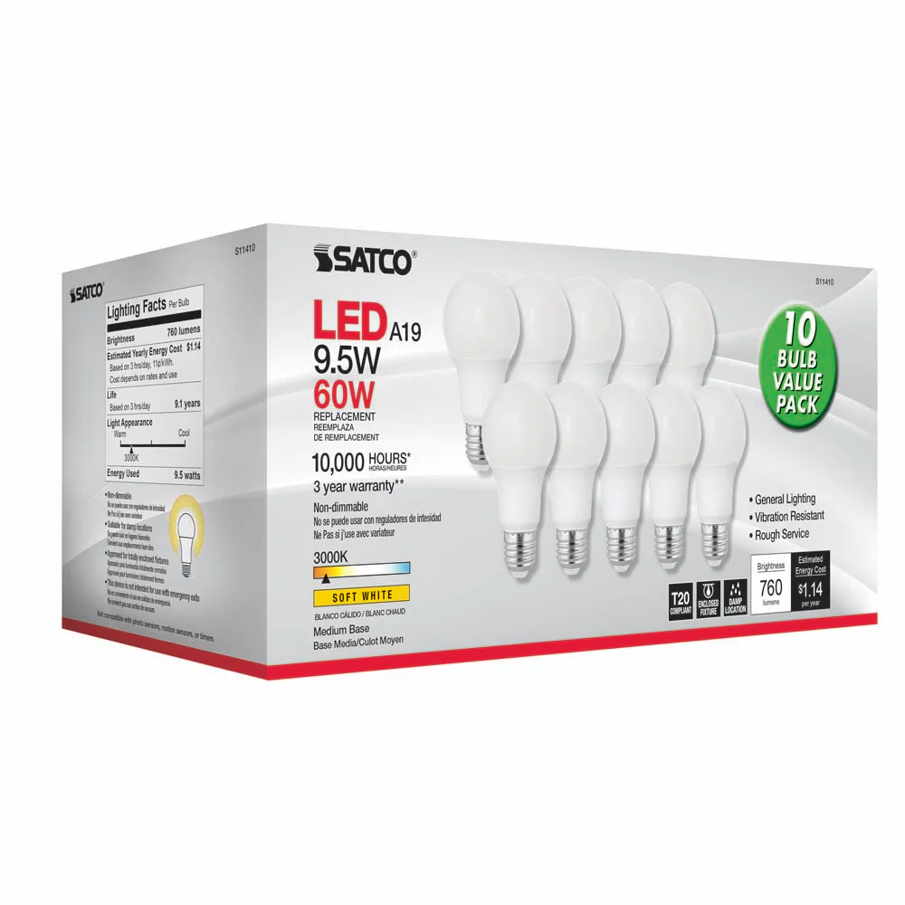 10Pk - Satco 9.5w 120v A19 LED bulb Frosted E26 Medium Base 3000k - 60w-equiv - Image 2