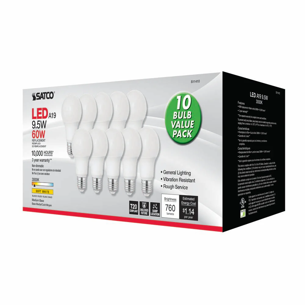 10Pk - Satco 9.5w 120v A19 LED bulb Frosted E26 Medium Base 3000k - 60w-equiv - Image 3