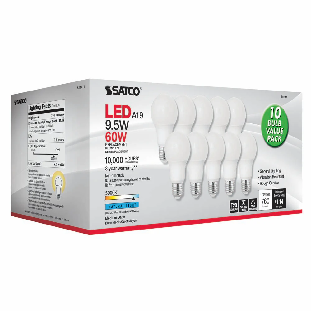 10Pk - Satco 9.5w 120v A19 LED Bulb Frosted E26 Medium Base 5000k - 60w-equiv - Image 2