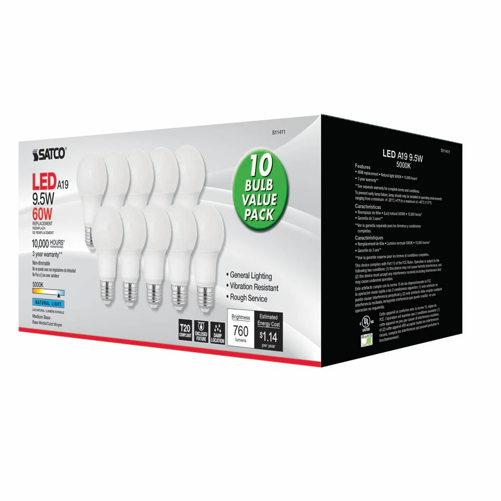 10Pk - Satco 9.5w 120v A19 LED Bulb Frosted E26 Medium Base 5000k - 60w-equiv - Image 3